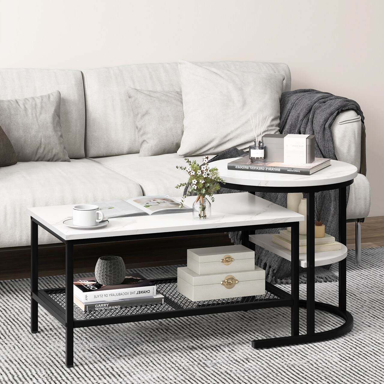 Set of 2 Nesting Coffee Table with Extra Storage Shelf for Living Room